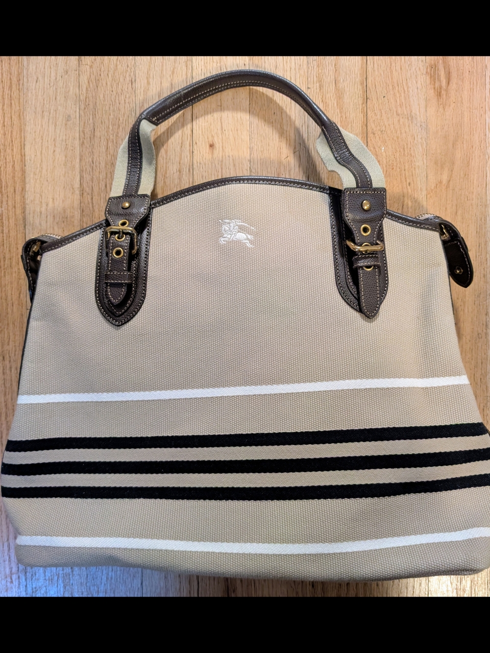Authentic Blueberry Blue Label Canvas Stripe Tote Bag in Beige and Black